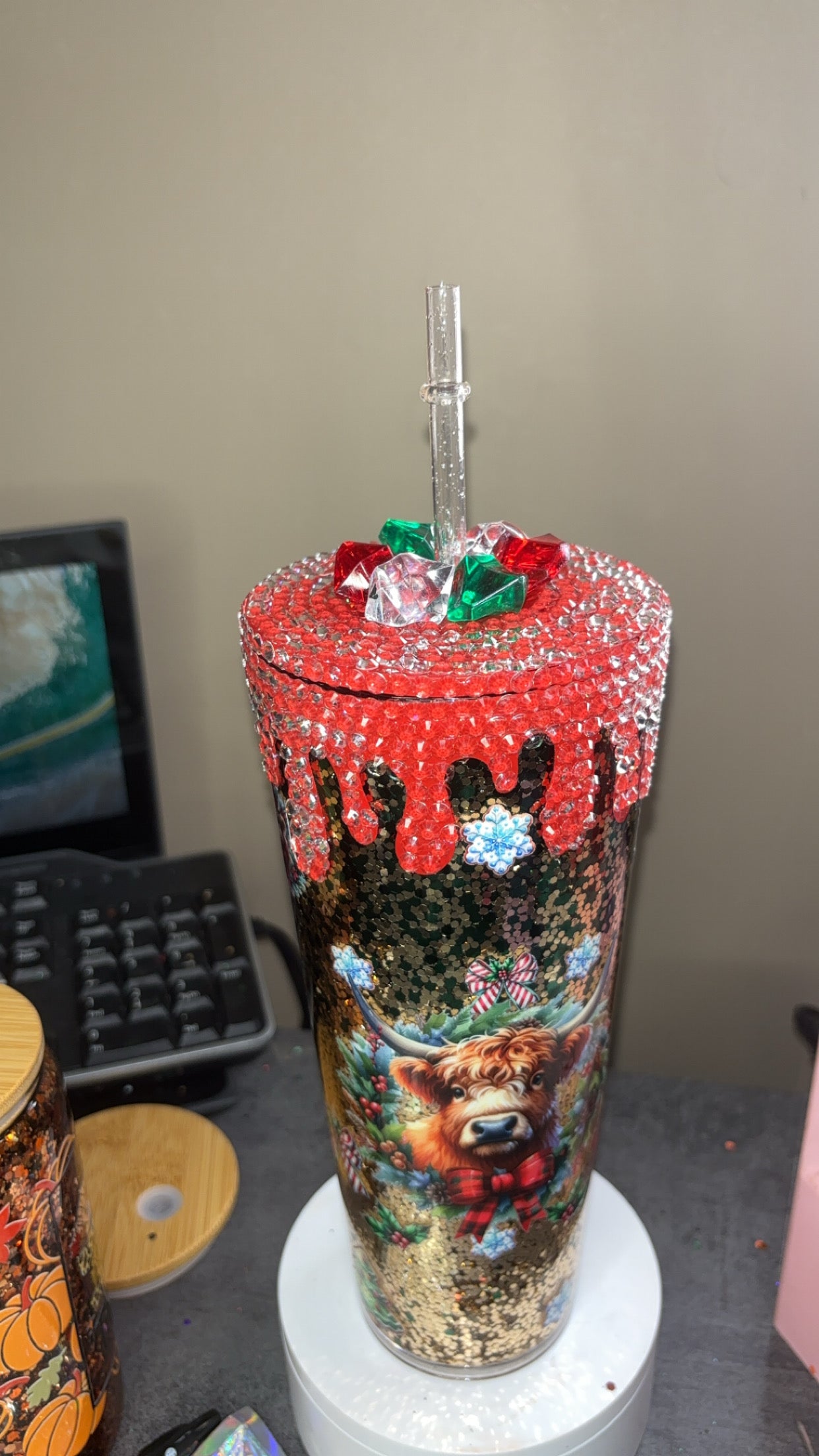 24oz Snowglobe Tumbler + Rhinestone Drip